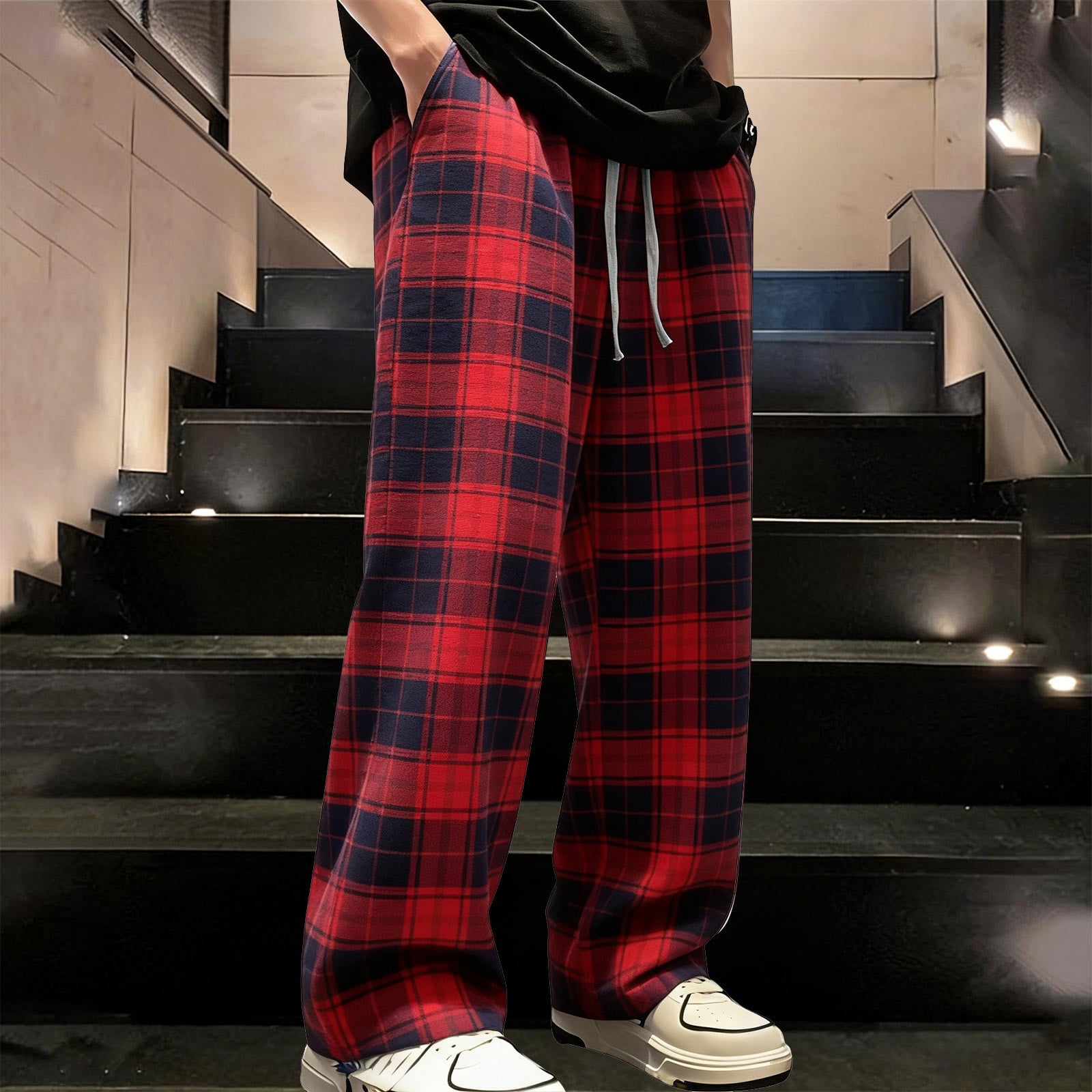 ZOYOEN Mens Plaid Casual Pants- Wide Leg Elastic Waist Baggy