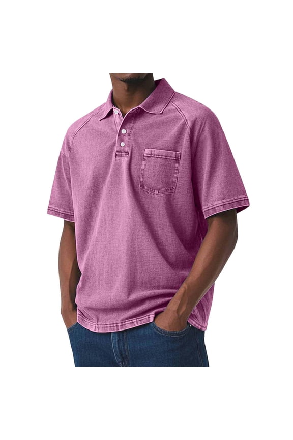 Mens Polo Shirts with Pocket- Summer Vintage Short Sleeve Casual Performance Shirts Pink Size XL