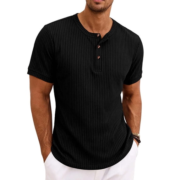 ZOYOEN Mens Ribbed Henley T Shirts- Loose Breathable Casual Short Sleeve Soft Summer Tees Black Size M