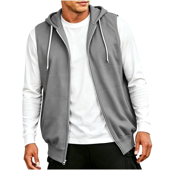ZOYOEN Mens Sleeveless Hooded Vest- Adjustable Drawstring Casual Loose Fit Full Zip Fall Jacket Outwear Gray Size S