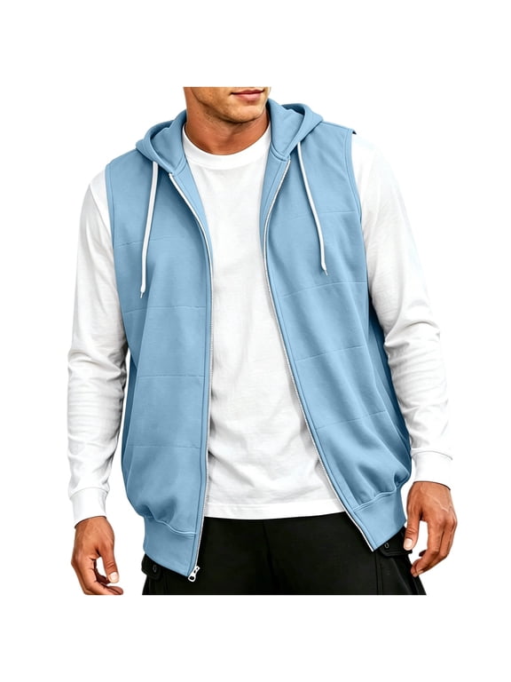 Mens Sleeveless Hooded Vest- Full Zip Loose Fit Casual Adjustable Drawstring Fall Jacket Outwear Light Blue Size 3XL