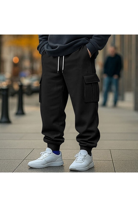 Mens Sweatpants with Pockets- Casual Elastic Waist Drawstring Baggy Cargo Pants Joggers Black Size XL