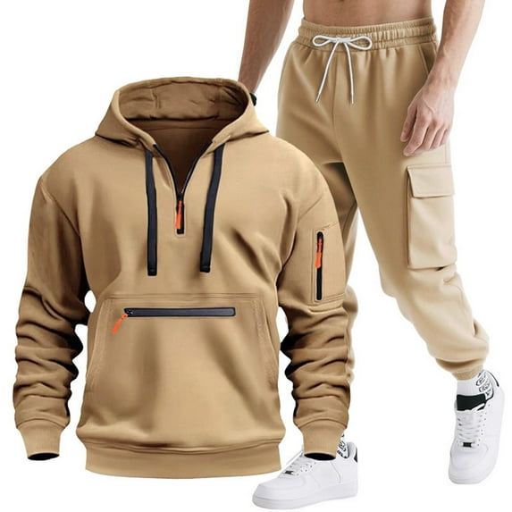 ZOYOEN Mens Sweatsuits 2 Piece- Long Sleeve Long Sleeve Casual Hoodie and Cargo Pants Khaki Size L