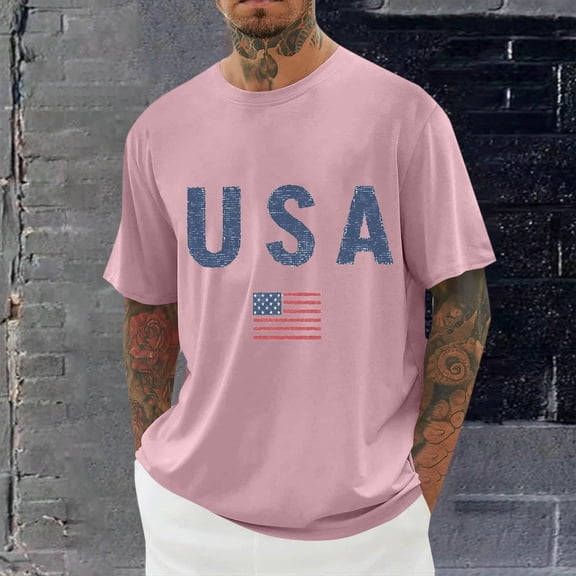 ZOYOEN Mens USA Patriot Graphic Tee- Short Sleeve Crewneck Soft 4th of July T Shirts Pink Size 4XL