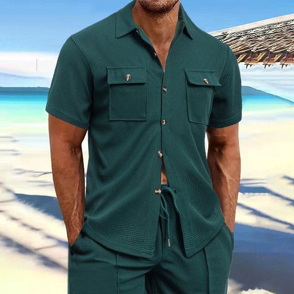 ZOYOEN Mens Waffle Knit Button Down Shirts- Casual Summer Short Sleve Beach Shirts with Pockets Green Size 3XL