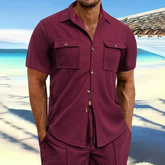 ZOYOEN Mens Waffle Knit Button Down Shirts- Summer Short Sleve Casual Beach Shirts with Pockets Wine Size 3XL