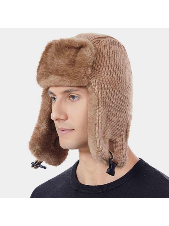 Mens Winter Hats with Ear Flaps- Ski Cap Casual Knit Warm Aviator Hats Khaki Size Free Size