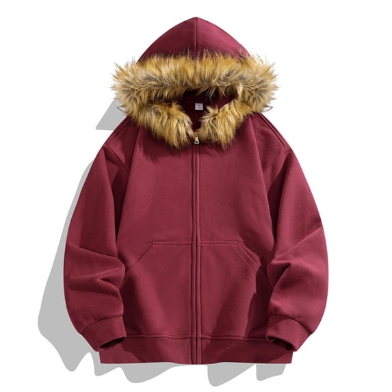 ZOYOEN Mens Winter Hoodies- Warm Casual Long Sleeve Zip Up Faux Fur Hood Jacket Wine Size 2XL
