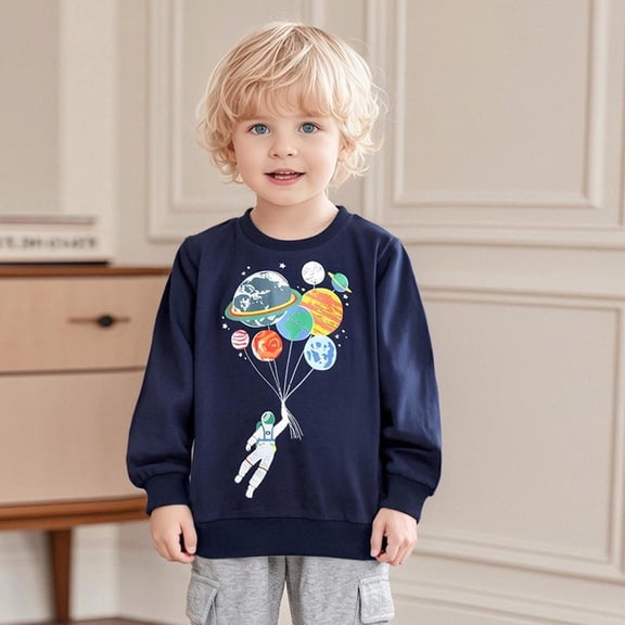 ZOYOEN Toddler Boys Graphic Sweatshirt- Pullover Casual Long Sleeve Soft Cotton Kids Fall Winter Clothes Navy Size 7 T