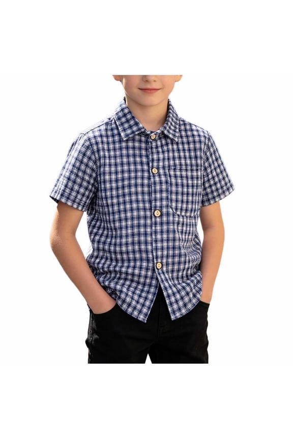 Toddler Boys Plaid Dress Shirts- Summer Pocket Casual Short Sleeve Kids Button Down Shirts Blue Size 6 T