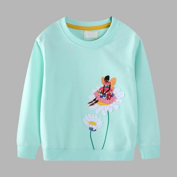 ZOYOEN Toddler Girls Graphic Sweatshirt- Long Sleeve Crewneck Cute Casual Cotton Kids Tops Light Blue Size 5 T