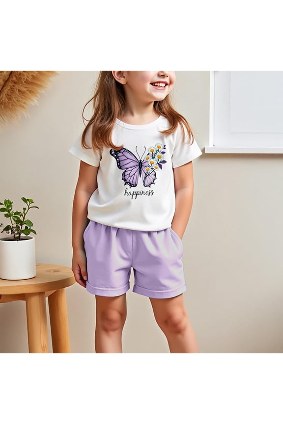 Toddler Girls Outfit Sets- Cute Tees and Shorts Casual Cotton Short Sleeve Kids Summer Clothes Purple Size 5 T
