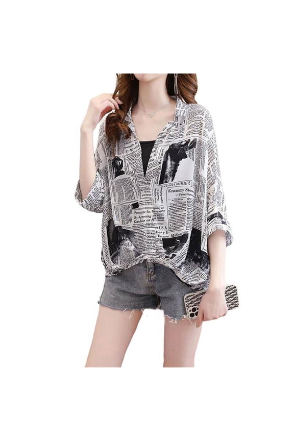 Women Batwing Sleeve Chiffon Blouse Bear Newspaper Print Lapel V-Neck Shirt Top