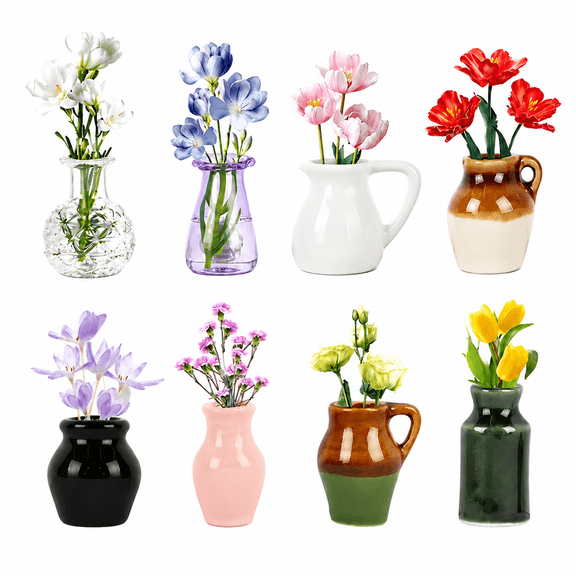 Cute Ceramic Mini Vase Magnets for Fridge, Tiny Plant Vases with Flowers, Magnetic Refrigerator Decor for Kitchen, Office, Locker (8 Pack)