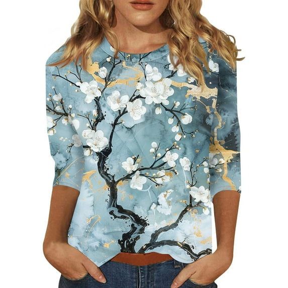 ZOYXRO Elbow Sleeve Blouses for Women Summer Crew Neck T Shirts Work Marble Print Tops Loose Dressy Casual Graphic Tees Sky Blue 2XL