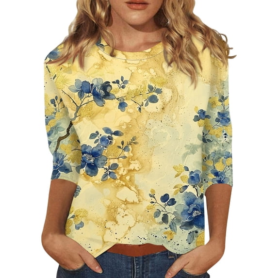 ZOYXRO Womens 3/4 Sleeve Tops Dressy Casual Round Neck T Shirts Summer Marble Print Three Quarter Sleeve Tshirts Work Plus Size Graphic Tees Yellow XL