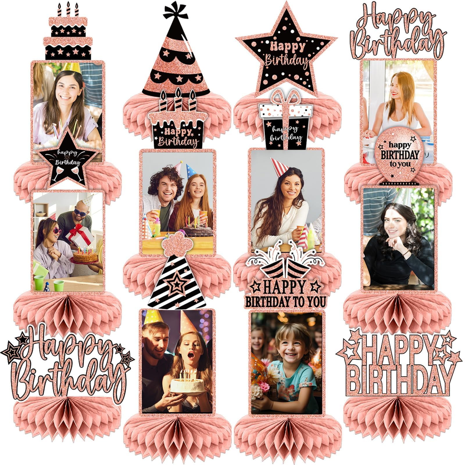 ZOiiWA 12PCS Rose Gold Birthday Decorations for Women Happy Birthday Photo Honeycomb Centerpiece Black Rose Gold Photo Table Centerpiece Party Supplies 16th 30th 40th 50th 60th Bday Table Topper
