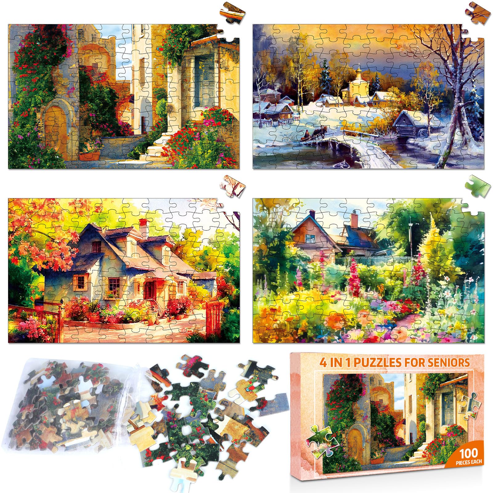 ZOiiWA 4 Pack 100 DHF10 Pcs Dementia Puzzles for Country Life Dementia