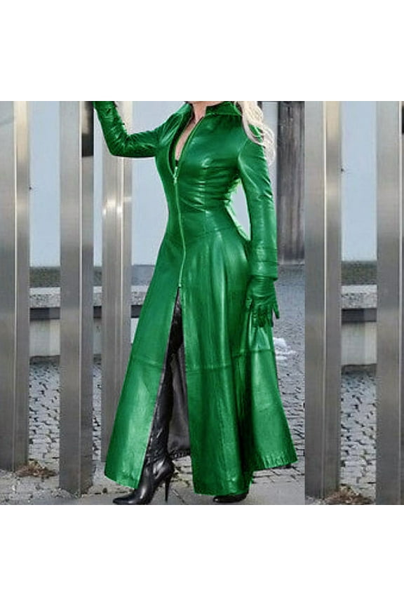 Long Faux Leather Windbreaker Slim Moto, Outerwear Coat (Women's), Size XXL