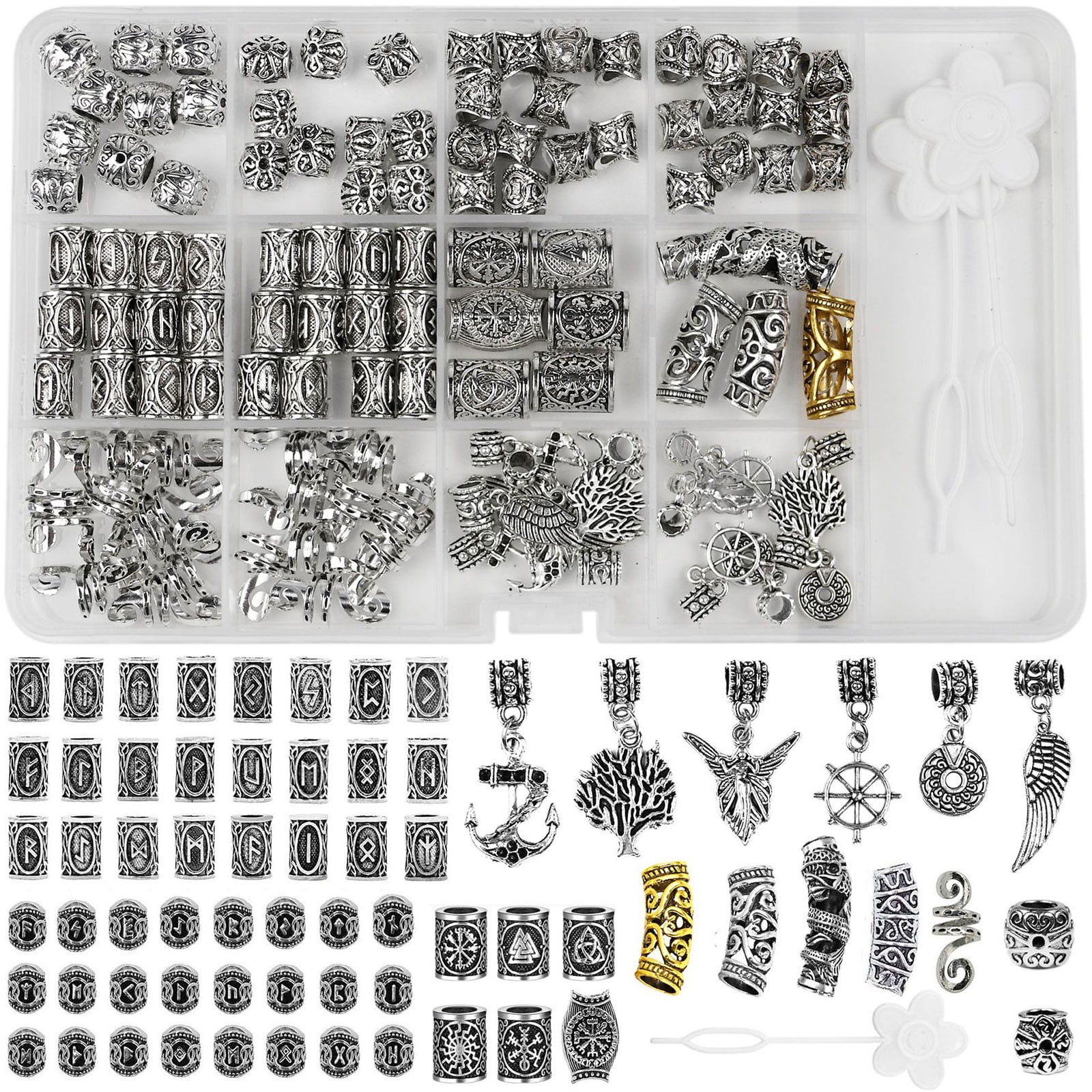 ZPAQI 106Pcs Viking Beard Beads Antique Norse Viking Runes Hair Tube Bead Pirate Skull Dreadlock Bead DIY Jewelry Hair Decor