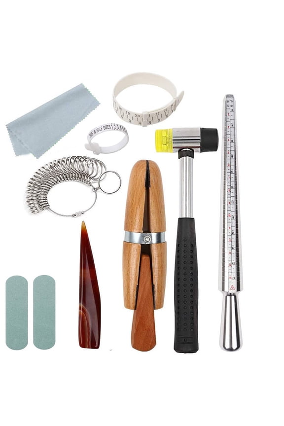 11Pcs Metal Mandrel Finger Sizing Measuring Stick Ring Sizer Guage Jewelers Hammer Wooden Ring Clamp Jewelry Tools Kit