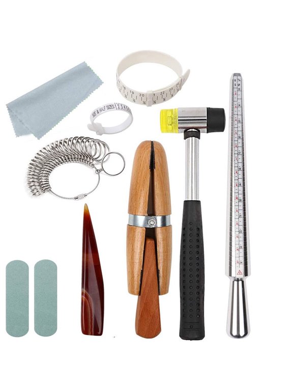 11Pcs Metal Mandrel Finger Sizing Measuring Stick Ring Sizer Guage Jewelers Hammer Wooden Ring Clamp Jewelry Tools Kit