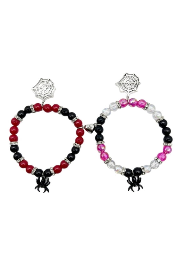 2pcs Gothic Halloween Spiders Bracelet Magnetic Heart Couple Beaded Bracelets