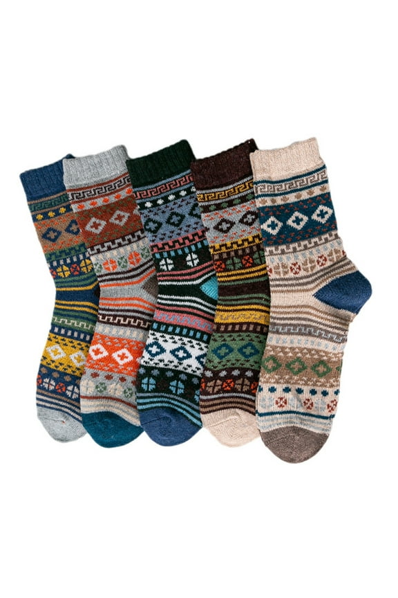 5 Pairs Men Ethnic Vintage Colorful Stripes Print Crew Socks Winter Cozy Soft Warm Thick Knitted Faux Wool Casual Mid Tube Hosiery Gifts