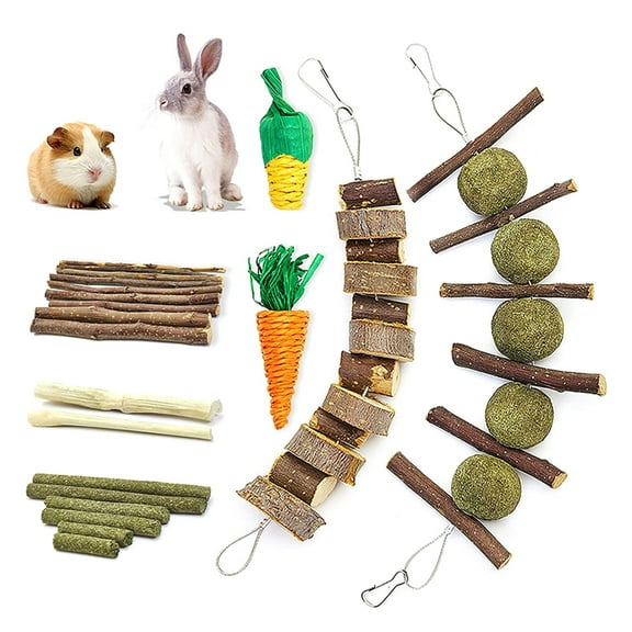 ZPAQI 7 Pieces Rabbit Chew Toys Hanging Hay Treat Balls Grass Chews Sticks Wood Toy for Squirrel Small Pet Teeth Grinding