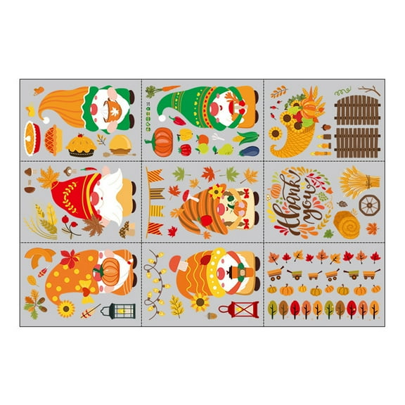 ZPAQI 9 Sheets Thanksgiving Window Clings Autumn Gnome Maple Leaves Glass Static Decals Wall Sticker Festival Party Home Decorations