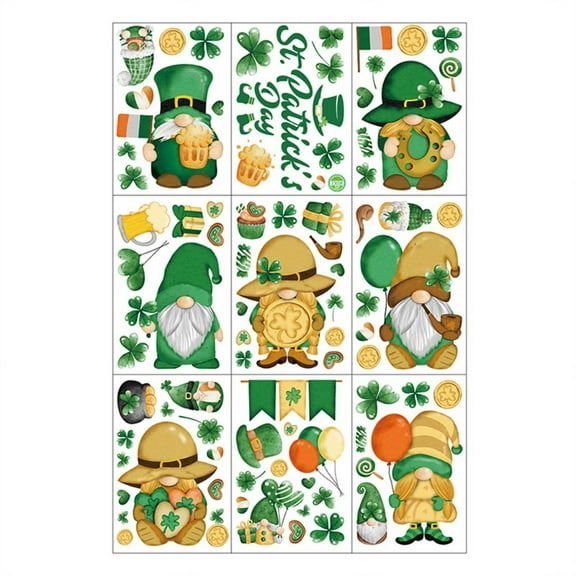 ZPAQI 9PCS Window Clings Window Stickers Green Gnome Double Sided Windows Decortions For St. Patrick's Day