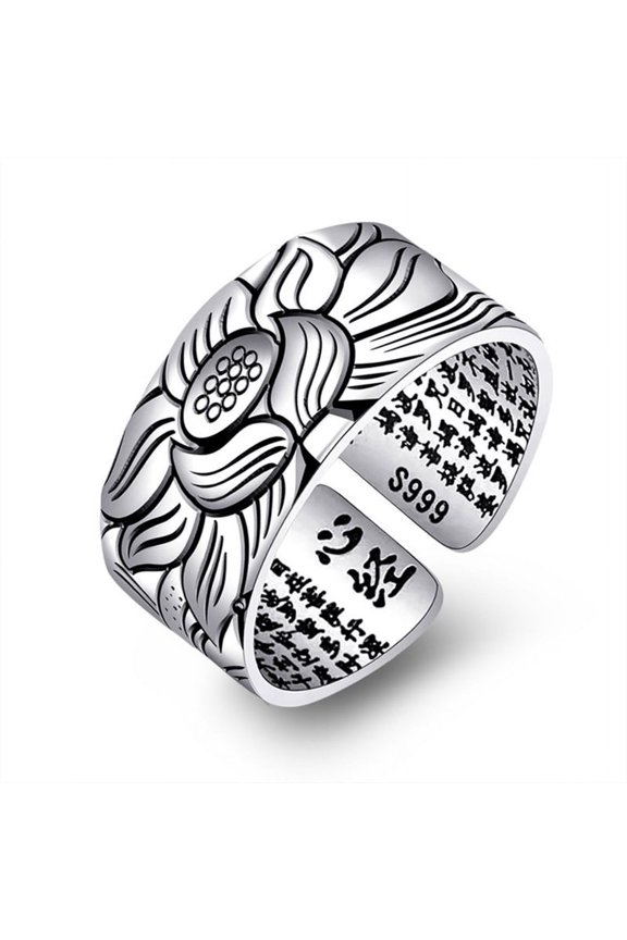 Amulet Buddha Lotus Buddhist Open Rings Jewelry Buddhistic Heart Sutra Rings