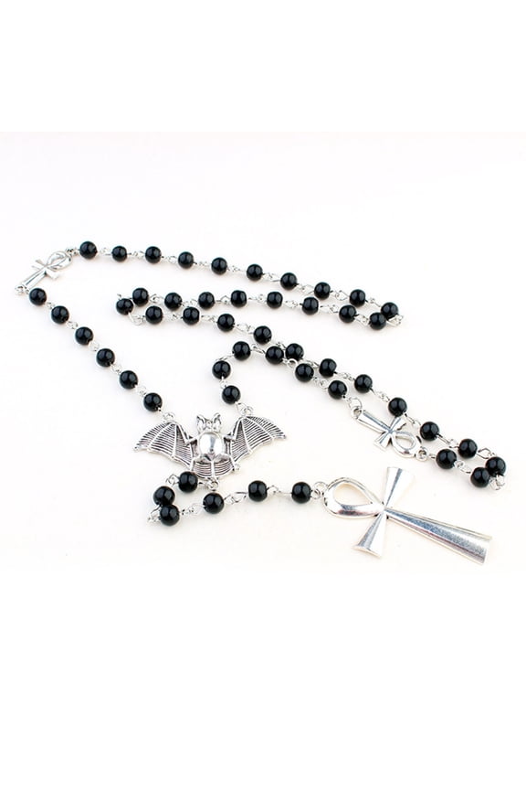 Ankh Cross Black Beads Bat Necklace Gothic Cross Sweater Chain for Women Men