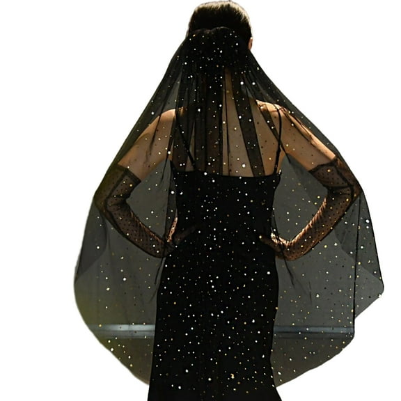 ZPAQI Black Veil with Moon Star Sequins Bridal Wedding Veil with Comb Dark Veil