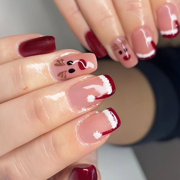 ZPAQI Christmas Square False Nails Reindeer Santa's Hat Designs French Tip Set