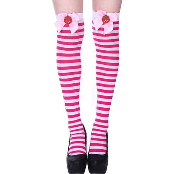 ZPAQI Cute Strawberry Bows Thigh High Socks for Women Stretch Striped Long Stockings