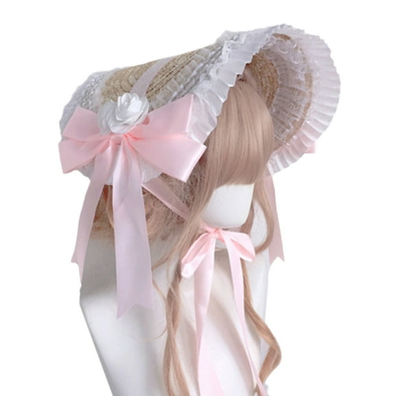 ZPAQI Elegant Straw Hat withStrap Bonnet Cap Headdress Ruffle Lace Hair Accessories