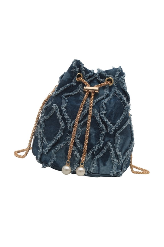 Fashionable Tassels Denims Bucket Bag Women's Jeans Crossbody Drawstring Purse