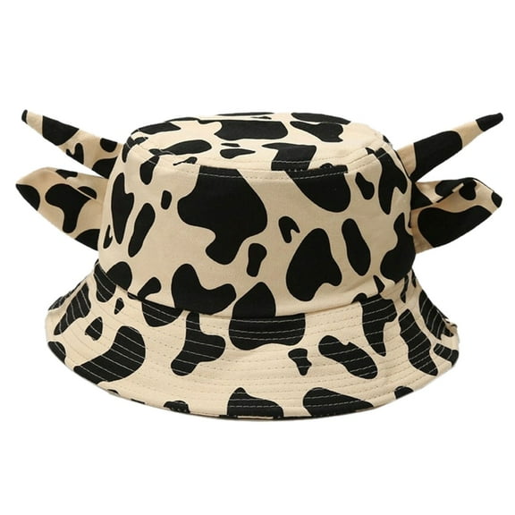 ZPAQI Fisherman Hat with Horns & Ears Cute Cow Print Bucket Hat for Outdoor Travel