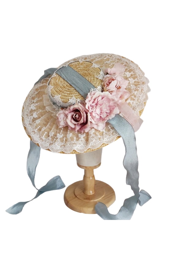 Girls Vintage Flower Straw Hat with Flat Top Lolita Ruffle Lace Headwear Sun Hat