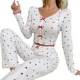 thumbnail image 1 of ZPAQI Heart Pattern V Neck Long Sleeve Sleepwear Set Ruffled Edge Pajamas Loungewear, 1 of 14