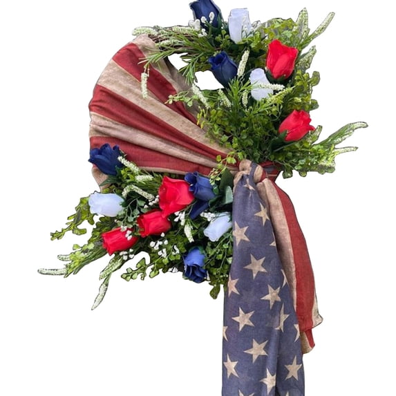 ZPAQI Independence Day Wreath Artificial Blue White Red Star Bowknot Hanging Garland for 4th of July Memorial Day Door Decoration Patriotic Ornament