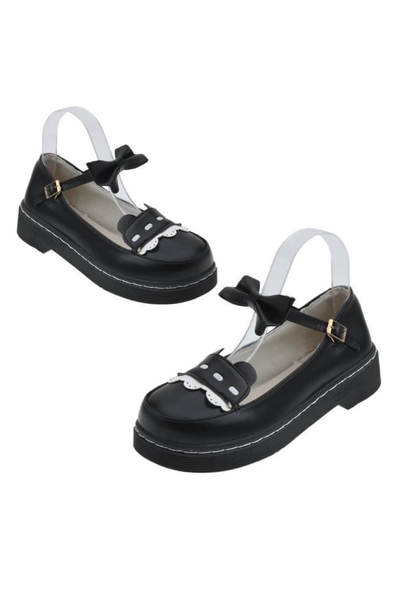 Japanese Lolita Faux Leather Shoes Sweet Bowknot Chunky Heel Platform Round Toe Ankle Strap Cartoon Cosplay Kawaii Shoes