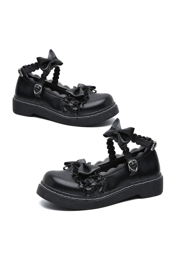 Japanese Sweet Lolita Faux Leather Shoes Student Uniform Cute Bowknot Round Toe Buckle Strap Kawaii Cosplay Maid Strappy Oxford Shoes