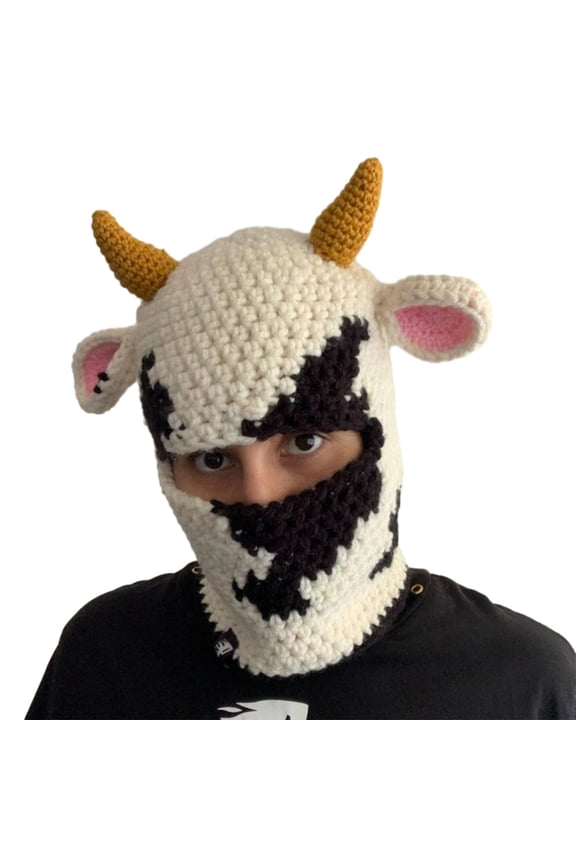 Knit Balaclava Cap Adult Prank Beanie Hat Cow Headcover Facecover Hat