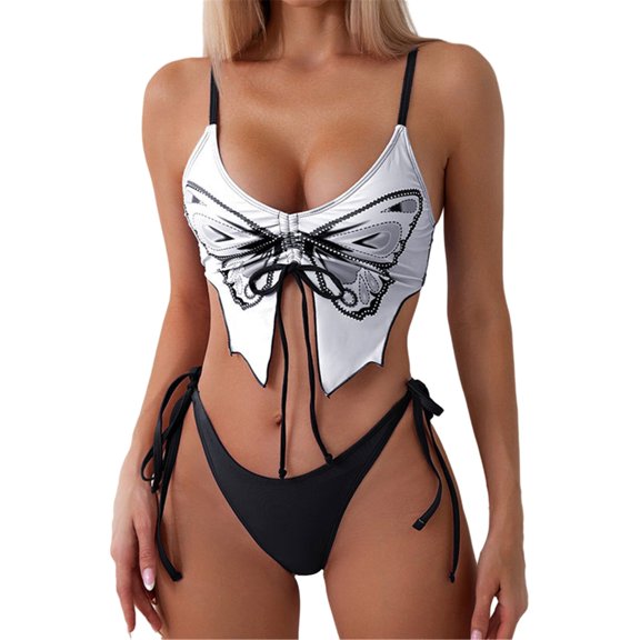 ZPAQI Lace Up Bathing Suits for Women Butterfly Printed Swimwear Two Pieces Swimsuits