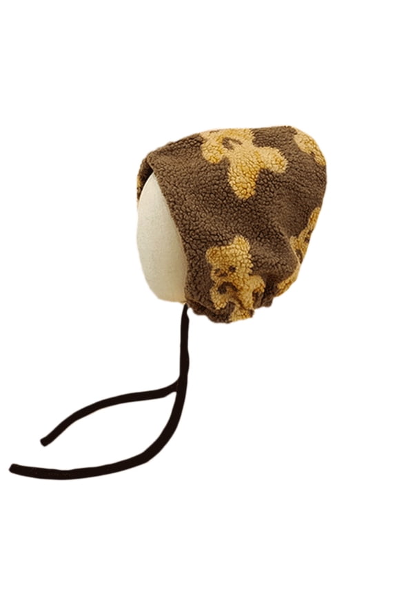 Lace-up Bear Print Knit Hat Cute Bear Ears Ear Flap Winter Beanie Hat Warm