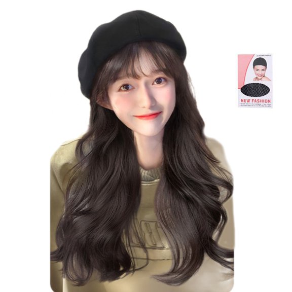 ZPAQI Long Wavy Hair Wigs Hat Beret Caps Adjustable Synthetic Fiber Hair Headgear Hat