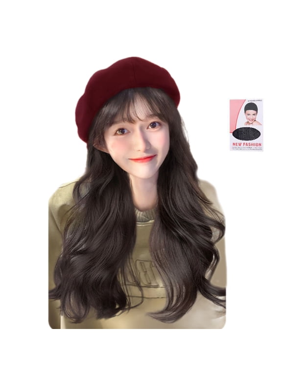 Long Wavy Hair Wigs Hat Beret Caps Adjustable Synthetic Fiber Hair Headgear Hat