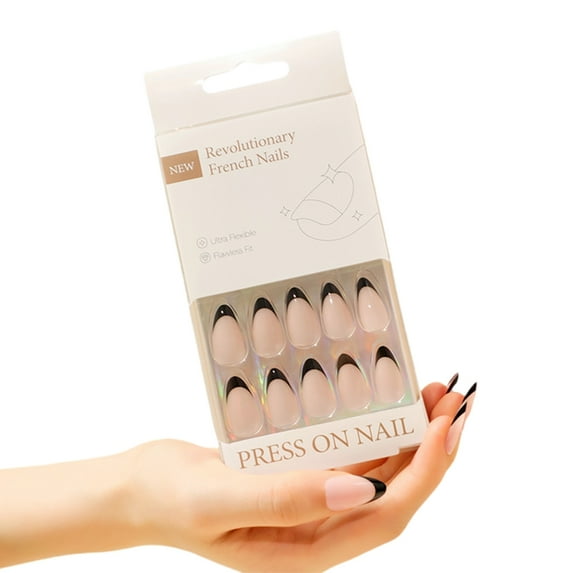 ZPAQI Medium Almond Acrylic Nails Black French Tip 30Pcs Press On Nails Manicure